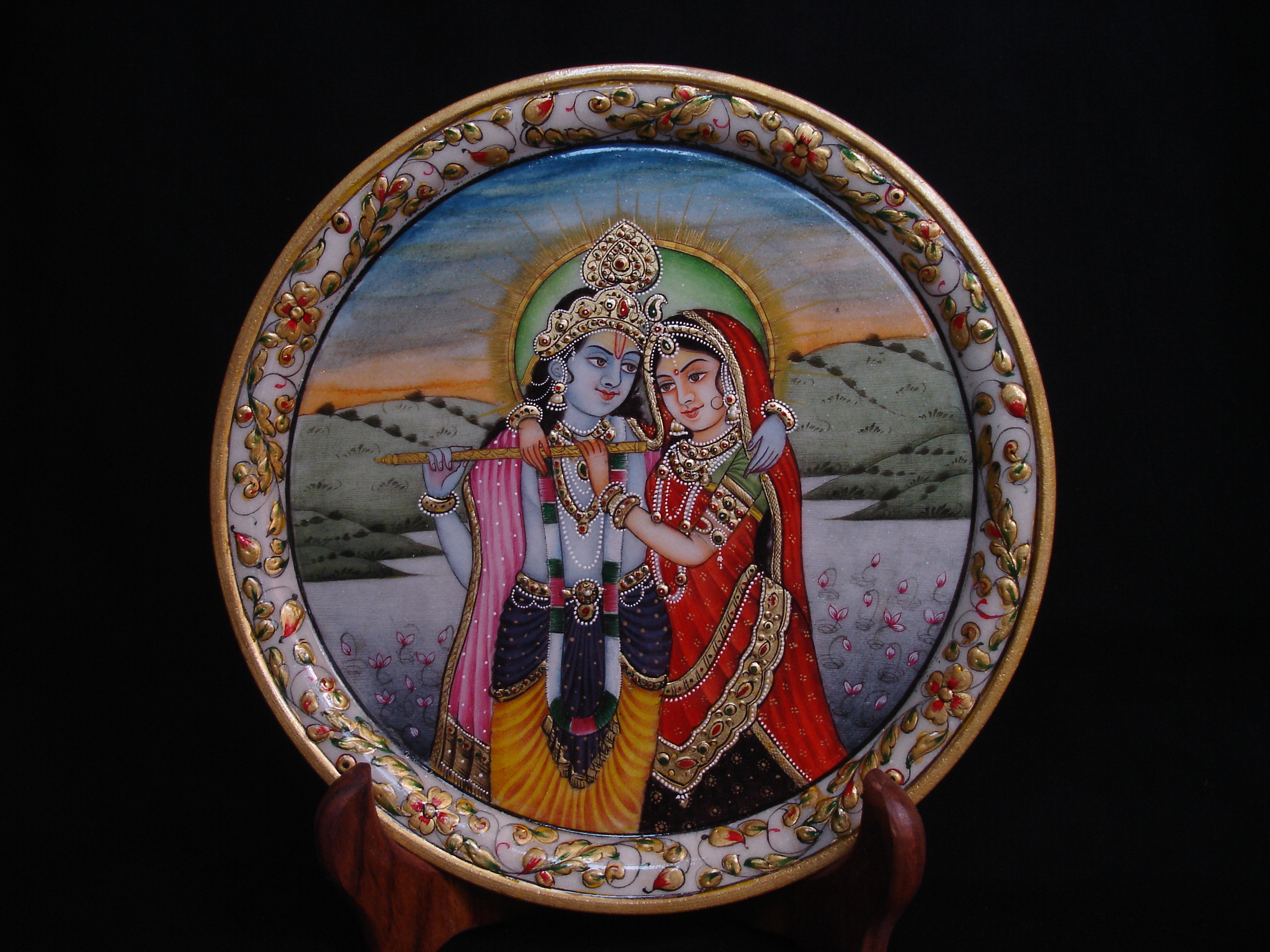 Manufacturers Exporters and Wholesale Suppliers of Marble Plate Radha Kishna Portrait  With Gold Work Jaipur Rajasthan